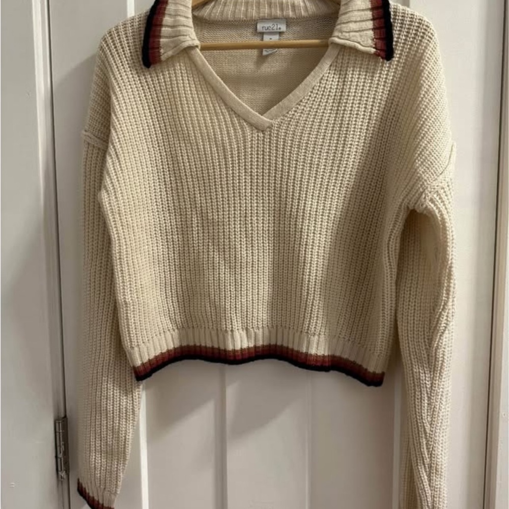 Rue21 Cream V-Neck Collared Knit Sweater with Burgundy & Black Trim